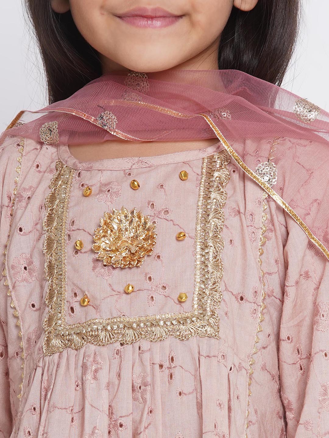 Girls Floral Shiffli Kurta with Plazzo and Dupatta  | SHOBITAM
