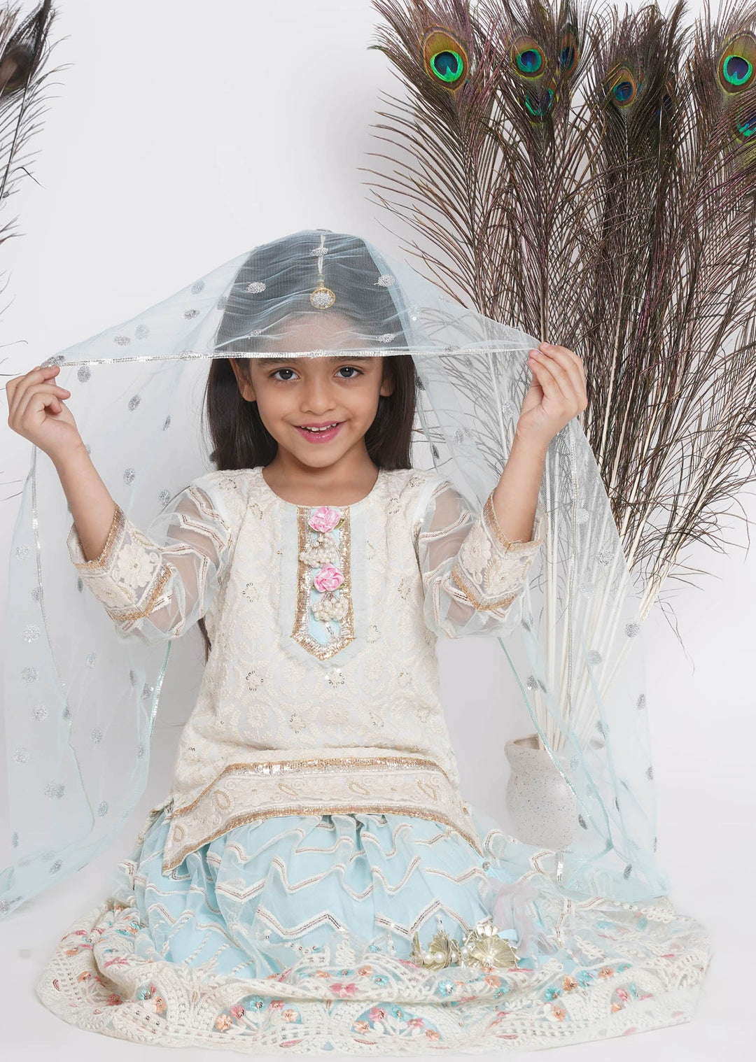 Floral Work Cloudy Blue Lehenga with Floral Embroidery Kurta and Dupatta | SHOBITAM