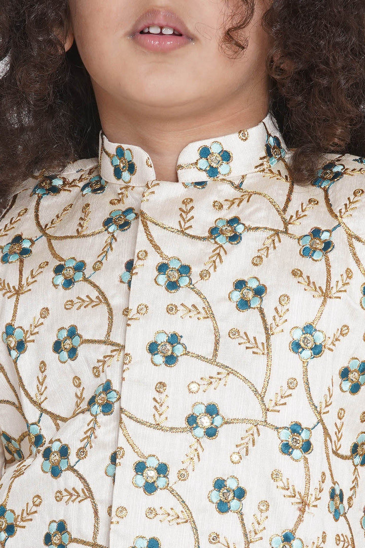 Boys Silk Blue Floral Embroidery Jacket with Cotton Kantha kurta and Kantha Dhoti | SHOBITAM