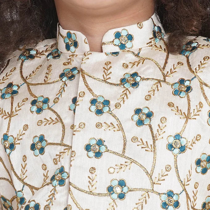 Silk Blue Floral Embroidery Jacket with Cotton Kantha kurta and Kantha Pyjama | SHOBITAM