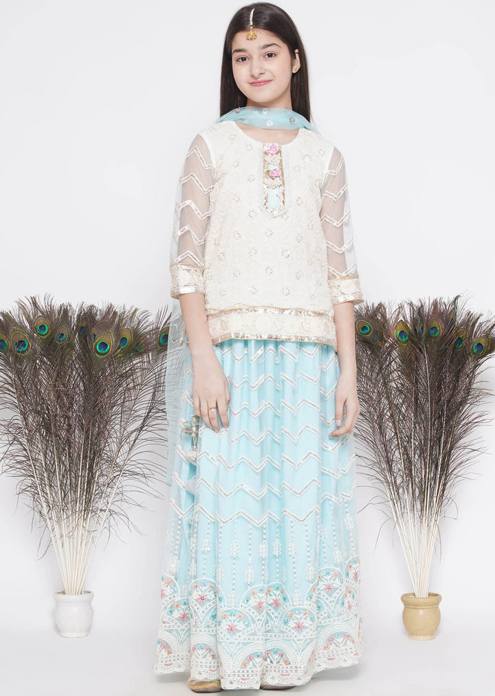 Floral Work Cloudy Blue Lehenga with Floral Embroidery Kurta and Dupatta | SHOBITAM