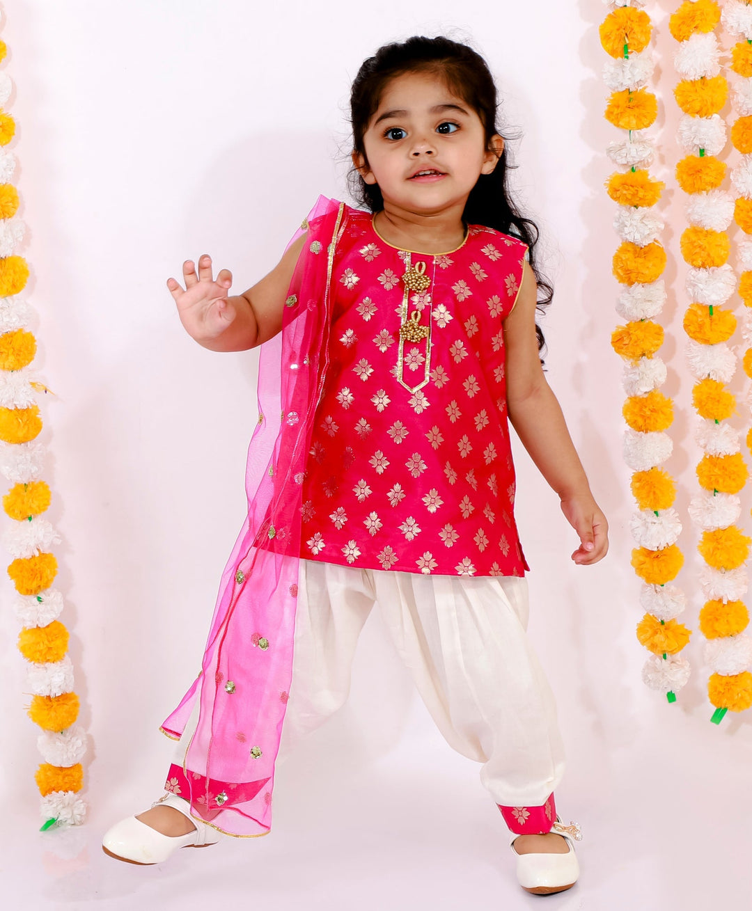 Girls Banarsi Kurta with Salwar and Dupatta - Rani & White | SHOBITAM