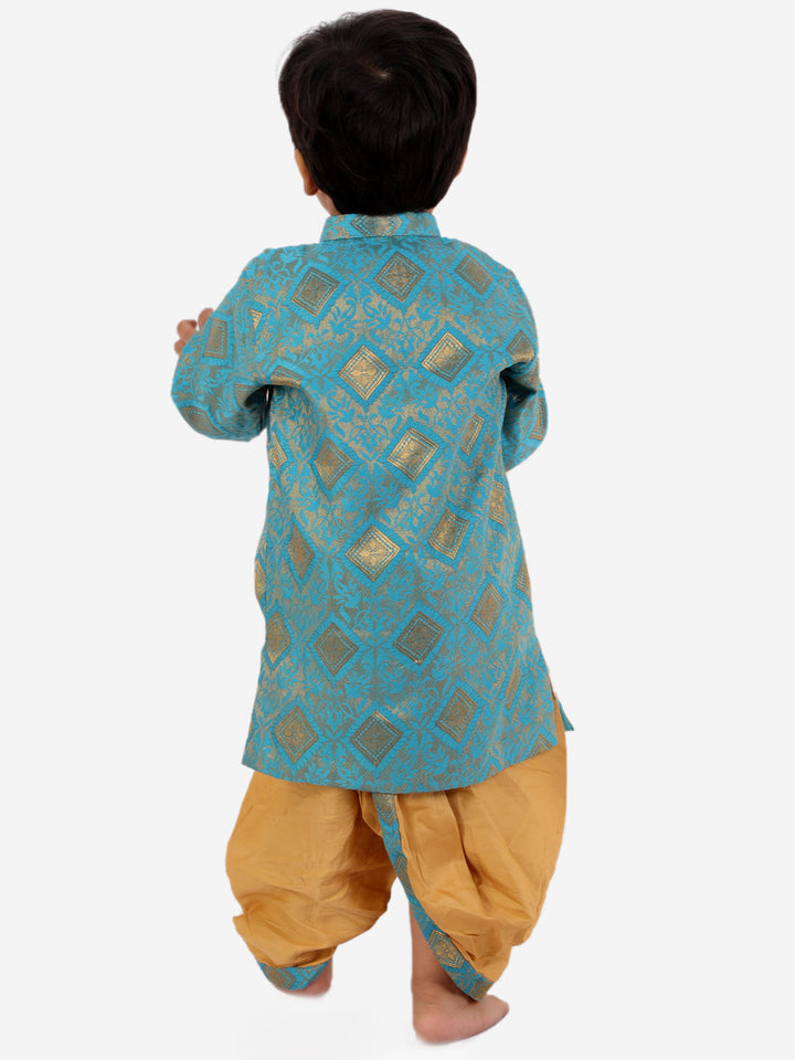 Boys Banarsi Silk Blue Sherwani with Beige Dhoti | SHOBITAM