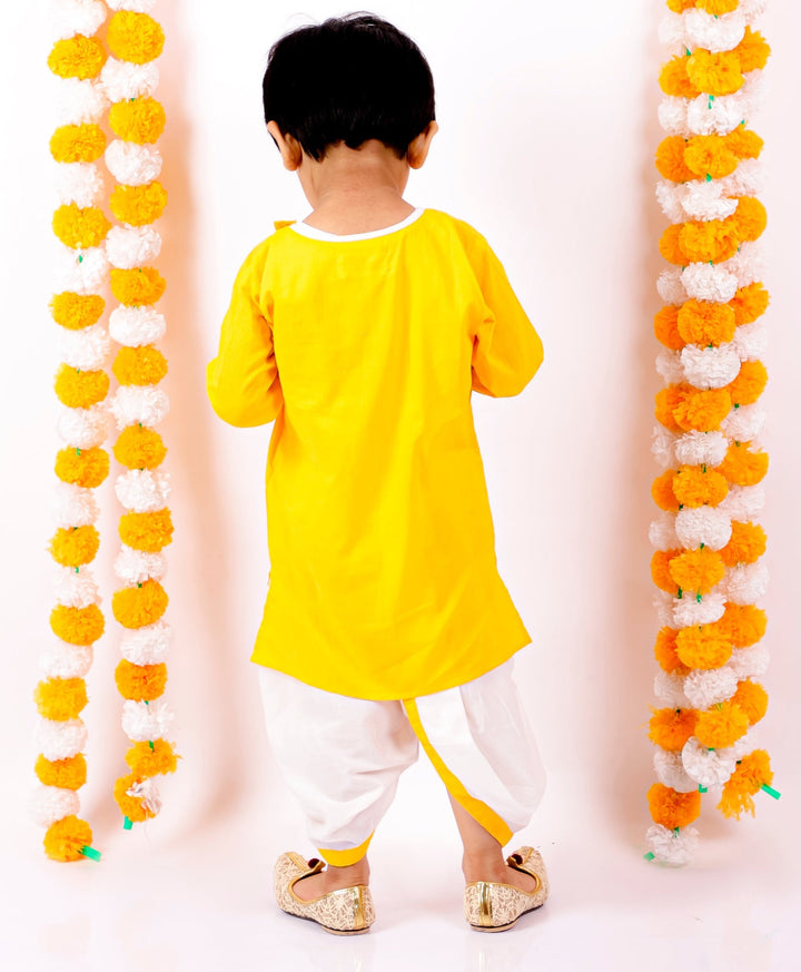 Boys Pure Cotton Elephant Embroidery Yellow Kurta with White Dhoti | SHOBITAM