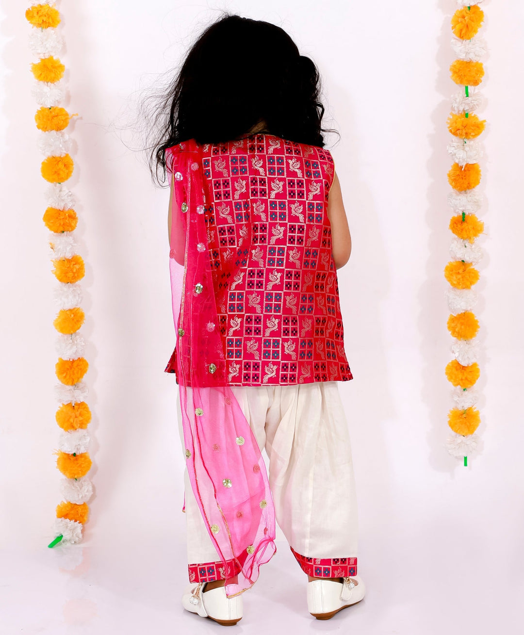 Girls Banarsi Bird Kurta with Salwar and Dupatta - Rani & White | SHOBITAM