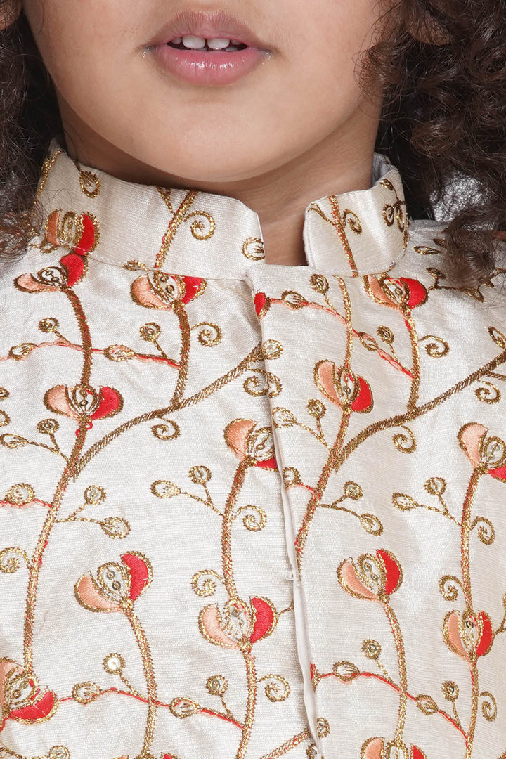 Banarsi Red Tulip Embroidery Jacket with Cotton Kantha kurta and Kantha Dhoti | SHOBITAM
