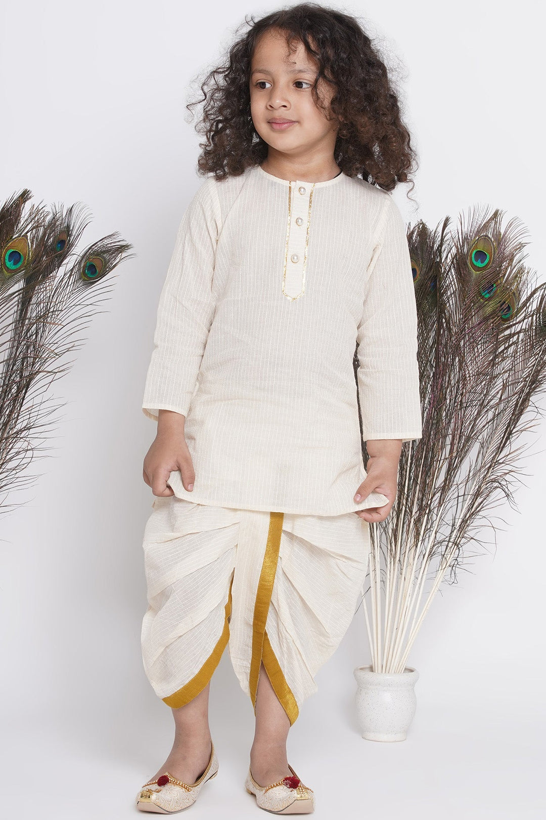 Boys Silk Blue Floral Embroidery Jacket with Cotton Kantha kurta and Kantha Dhoti | SHOBITAM