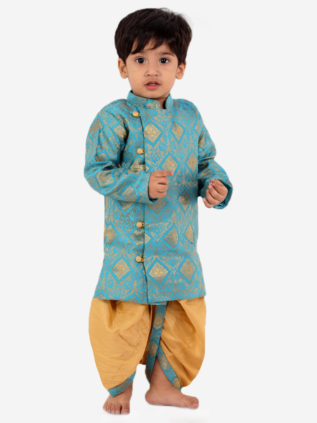 Boys Banarsi Silk Blue Sherwani with Beige Dhoti | SHOBITAM