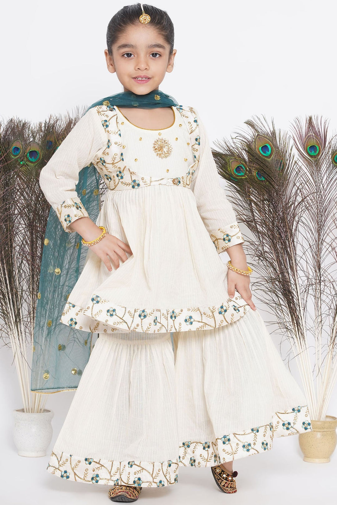 Blue Floral Embroidery Jacket with Cotton Kantha Frock Sharara and Dupatta | SHOBITAM