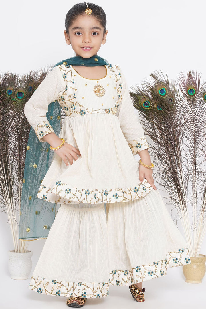 Blue Floral Embroidery Jacket with Cotton Kantha Frock Sharara and Dupatta | SHOBITAM