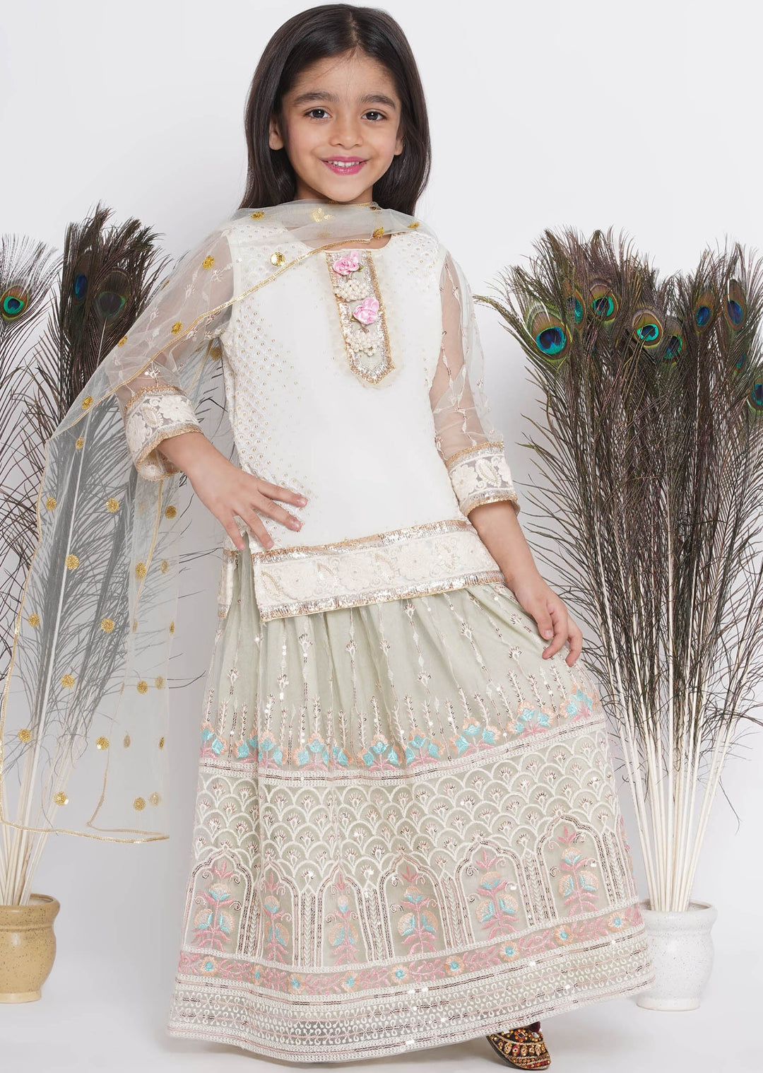 Floral Work Green Lehenga with Floral Embroidery Kurta and Dupatta | SHOBITAM