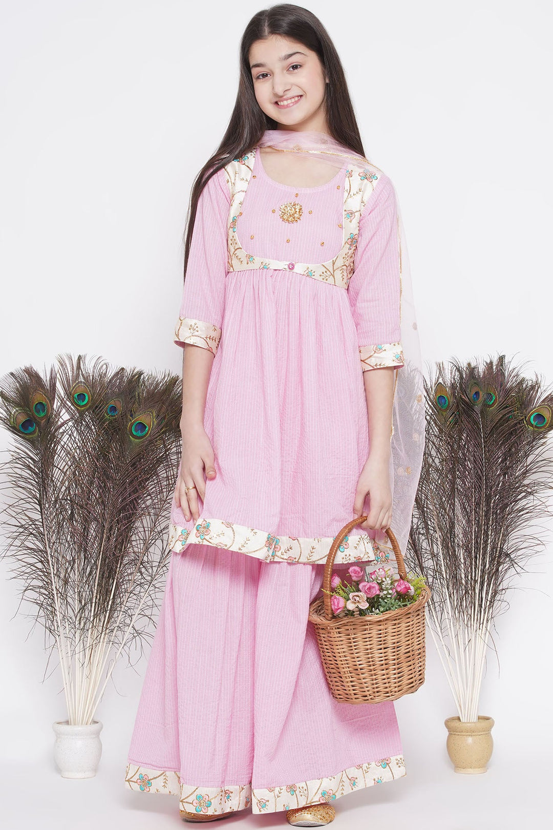Floral Embroidery Jacket with Cotton Kantha Frock Sharara and Dupatta | SHOBITAM