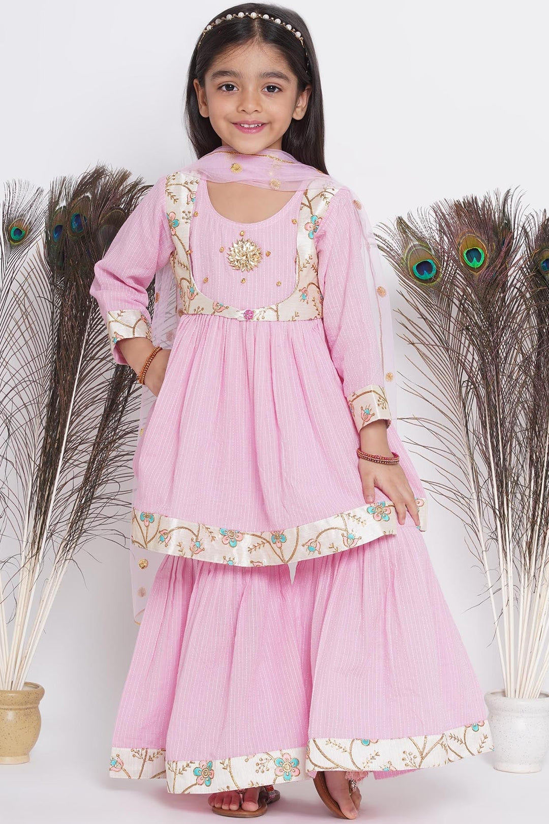 Floral Embroidery Jacket with Cotton Kantha Frock Sharara and Dupatta | SHOBITAM