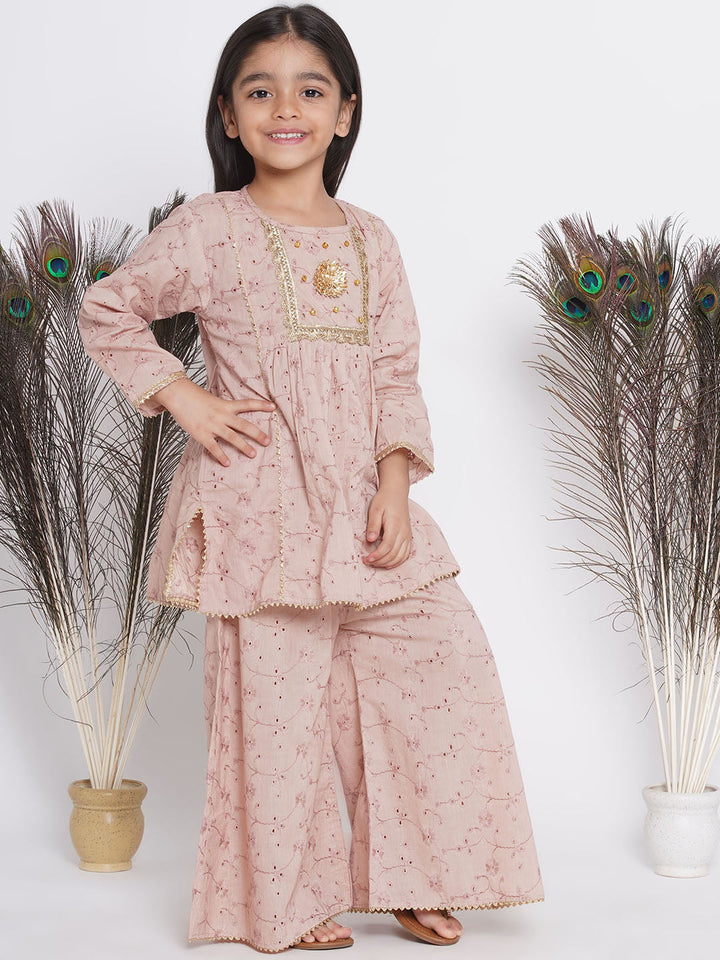 Girls Floral Shiffli Kurta with Plazzo and Dupatta  | SHOBITAM