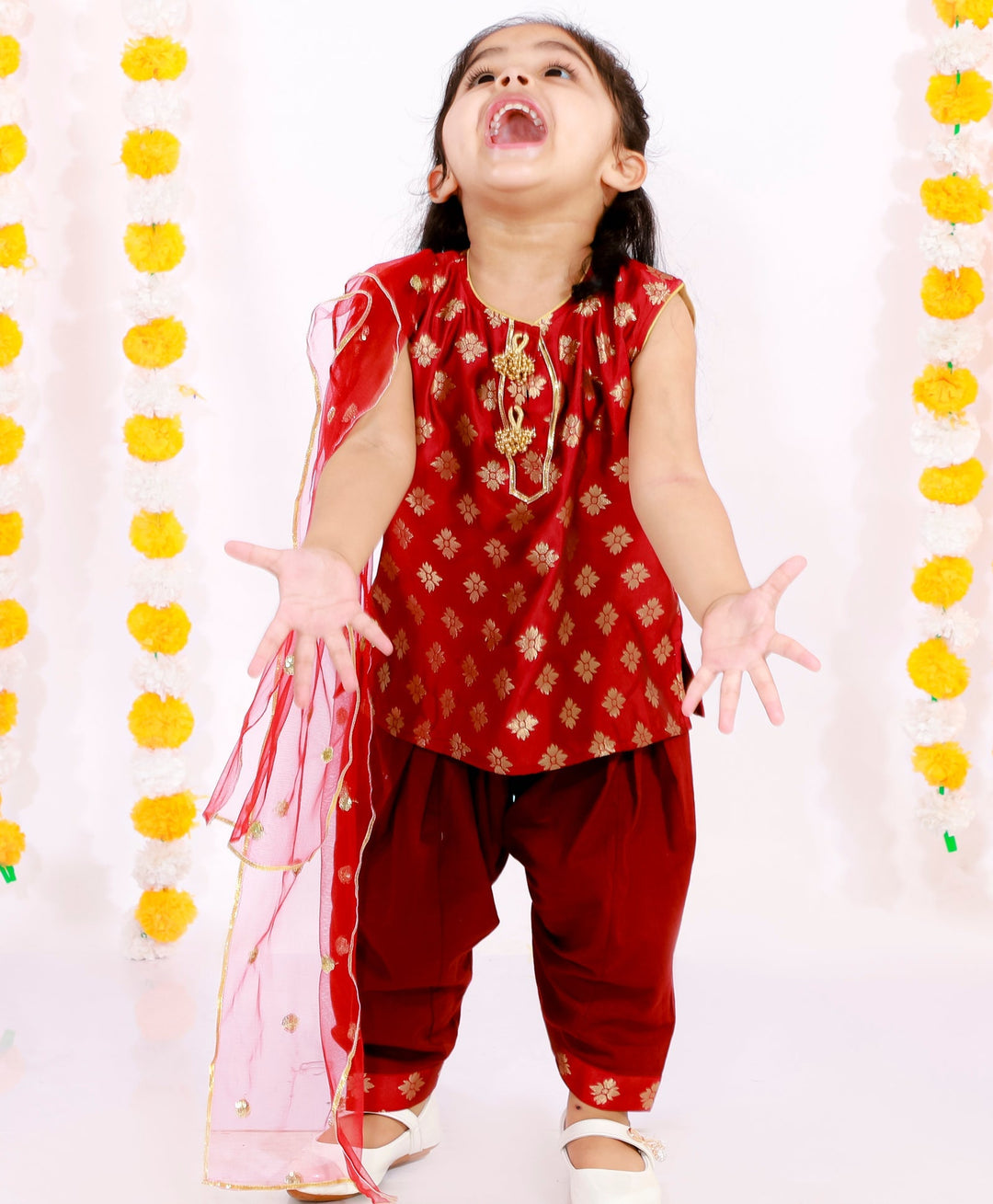 Girls Banarsi Bird Kurta with Salwar and Dupatta - Maroon | SHOBITAM