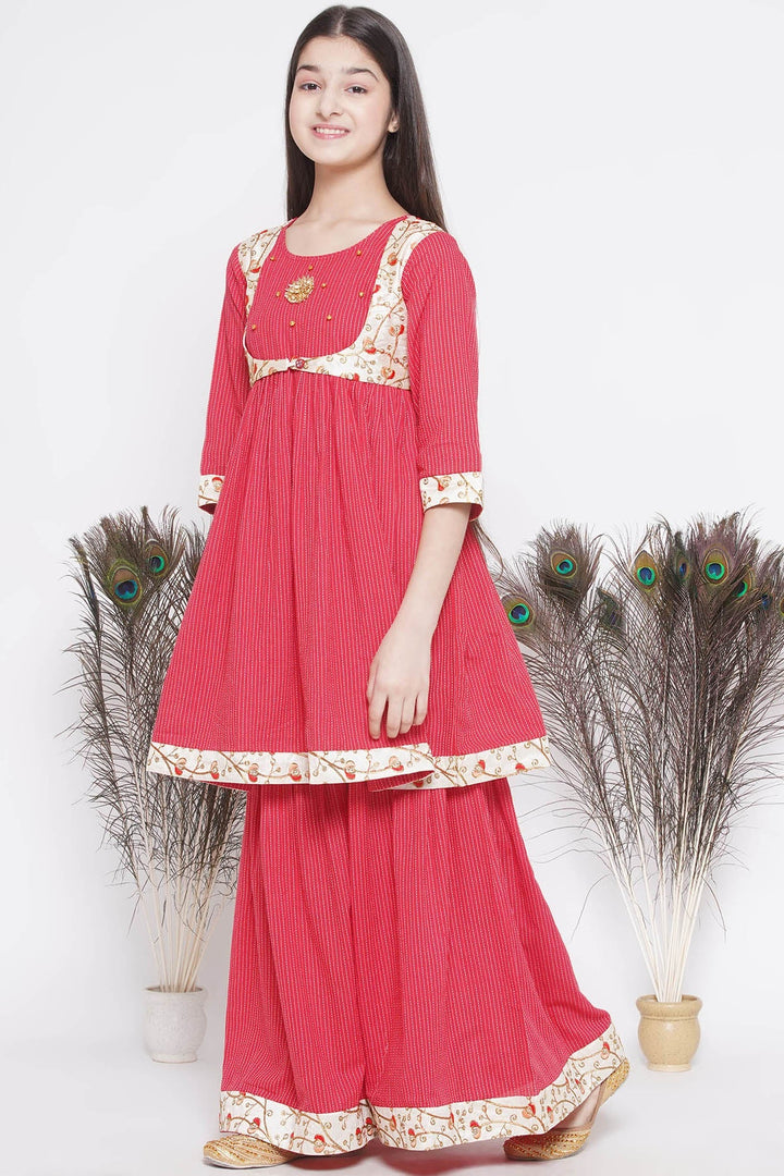 Floral Embroidery Jacket with Cotton Kantha Frock Sharara and Dupatta in Red | SHOBITAM