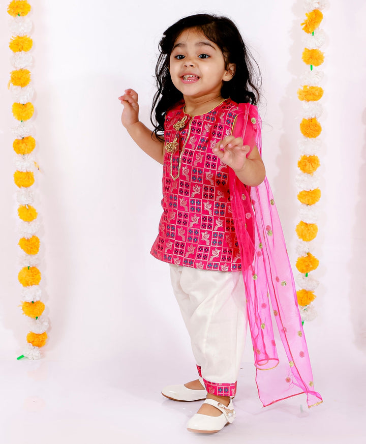 Girls Banarsi Bird Kurta with Salwar and Dupatta - Rani & White | SHOBITAM