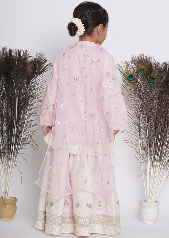 Girls Baby Pink & Cream Kali Work Lehenga with Handwork of Gota and Tussels | SHOBITAM