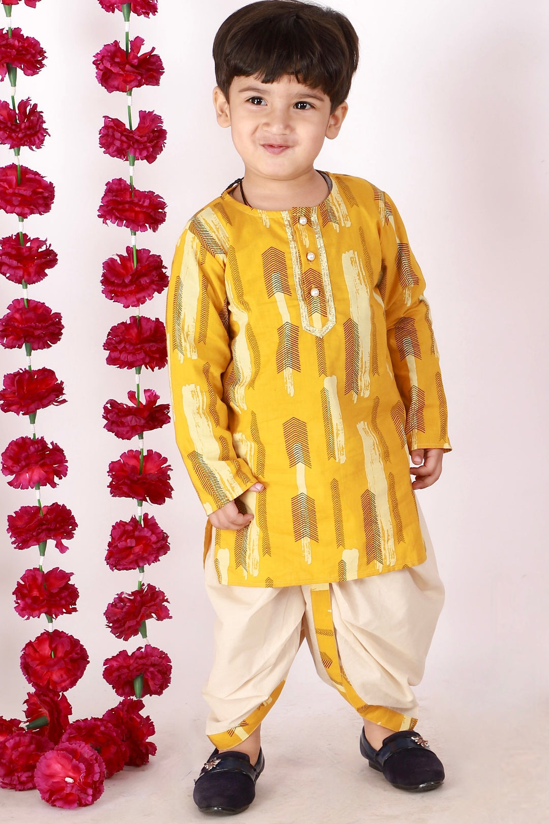 Boys Pure Cotton Ethnic Print Full Sleeves Kurta with Dhoti in Yellow & Beige | SHOBITAM