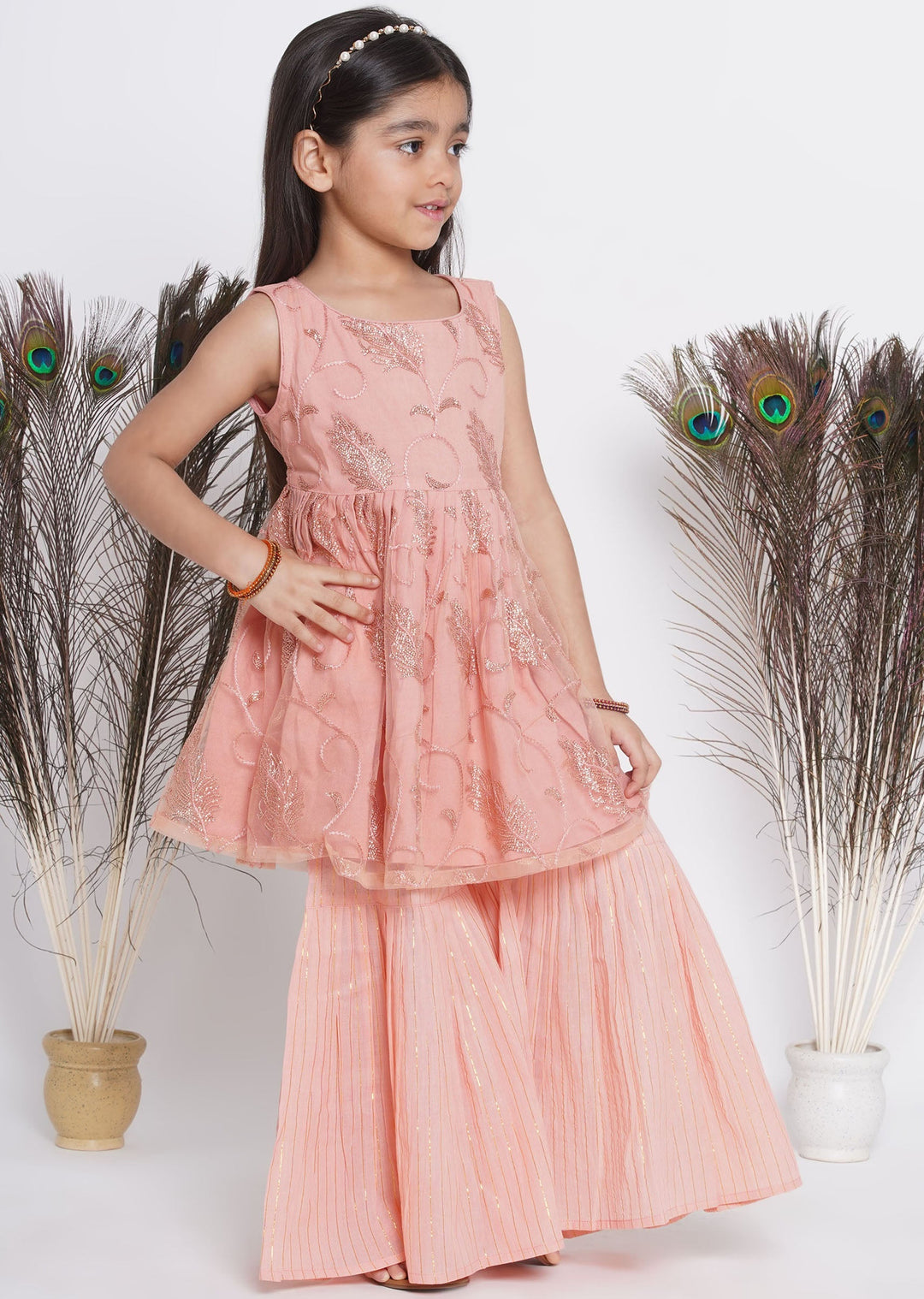 Peach Sequin work Leaf Kurta Frock with Sharara and Dupatta | SHOBITAM