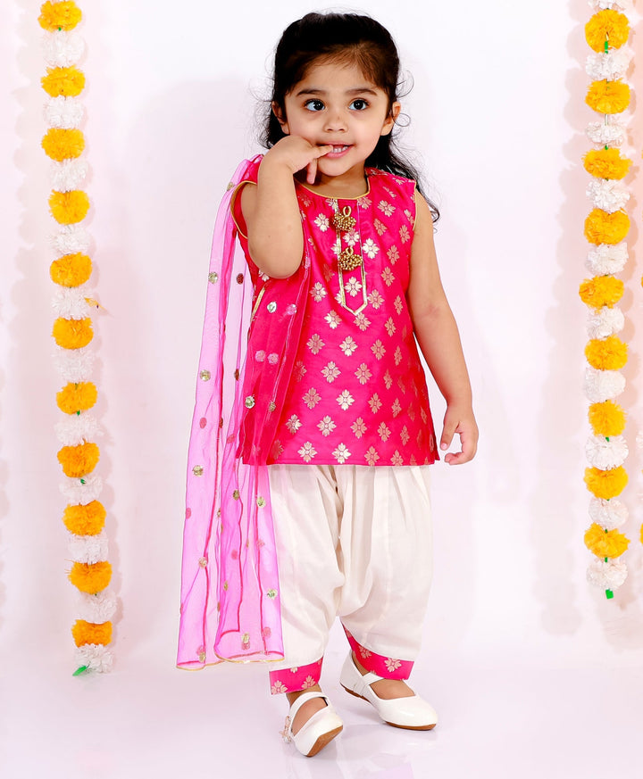 Girls Banarsi Kurta with Salwar and Dupatta - Rani & White | SHOBITAM