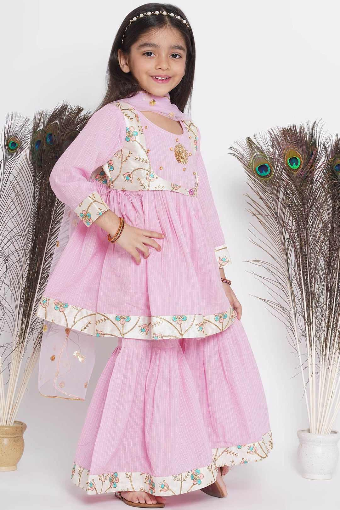 Floral Embroidery Jacket with Cotton Kantha Frock Sharara and Dupatta | SHOBITAM