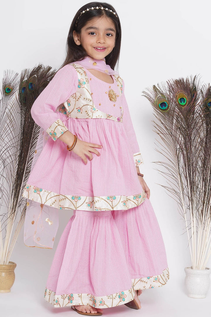 Floral Embroidery Jacket with Cotton Kantha Frock Sharara and Dupatta | SHOBITAM