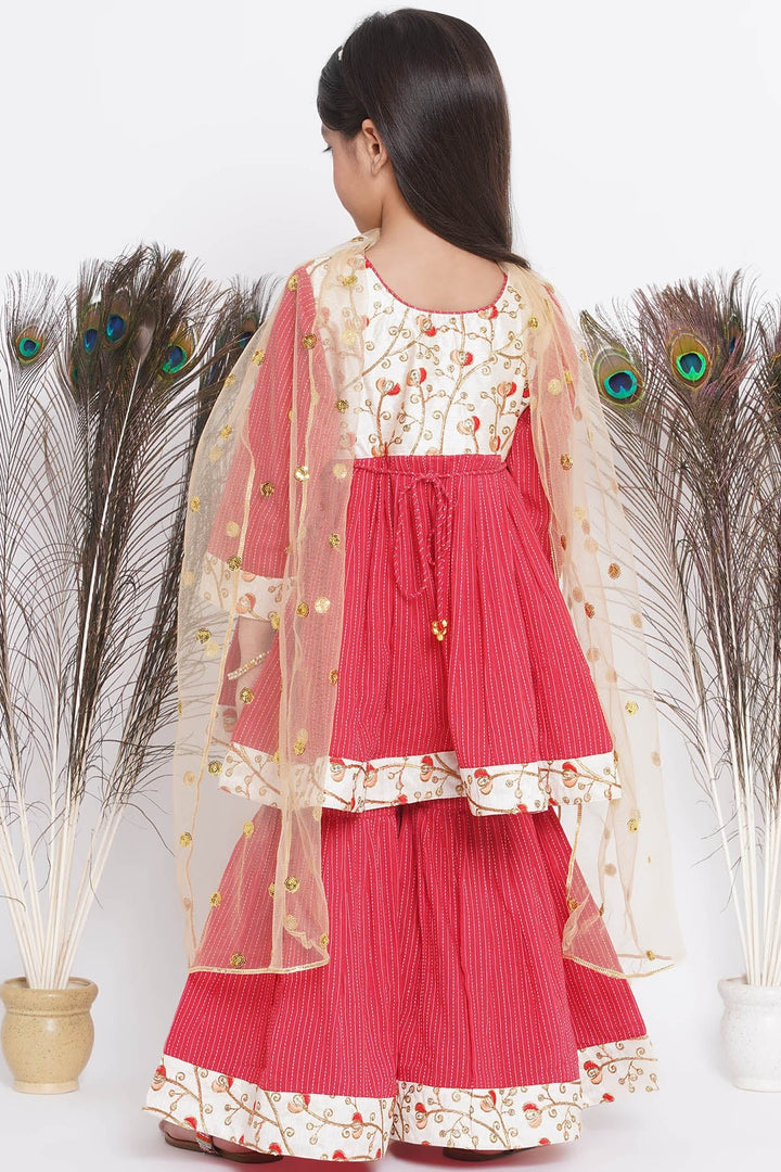 Floral Embroidery Jacket with Cotton Kantha Frock Sharara and Dupatta in Red | SHOBITAM