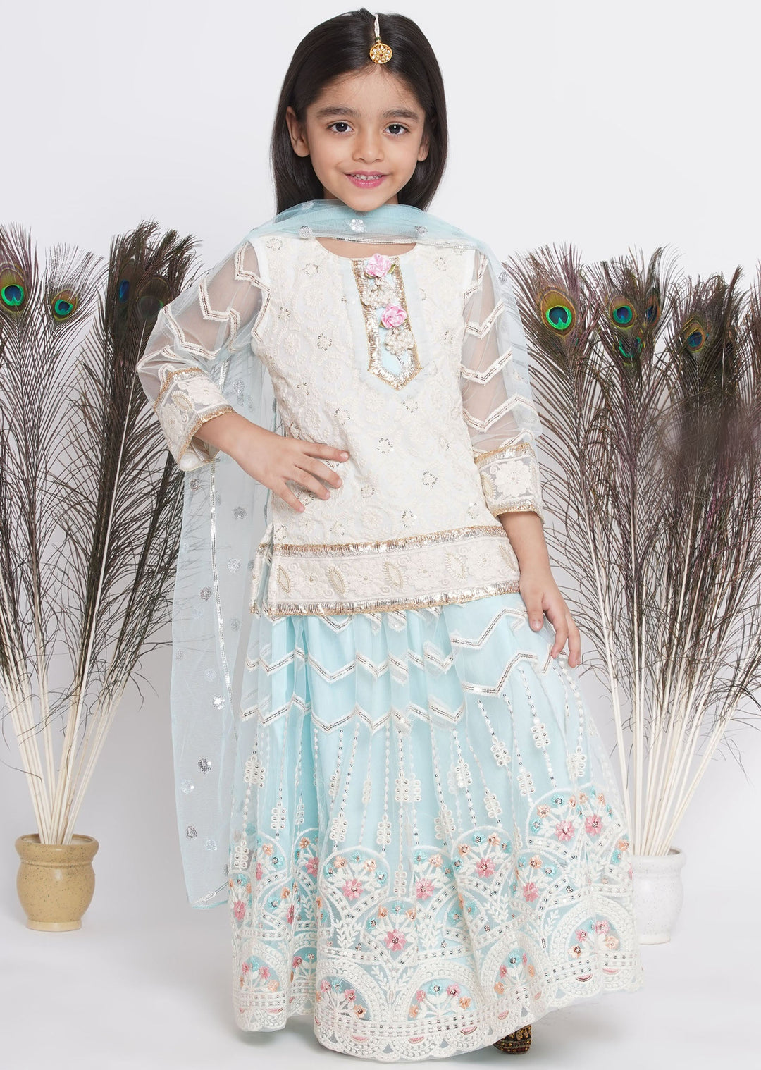 Floral Work Cloudy Blue Lehenga with Floral Embroidery Kurta and Dupatta | SHOBITAM