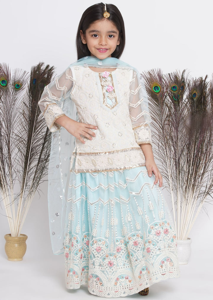 Floral Work Cloudy Blue Lehenga with Floral Embroidery Kurta and Dupatta | SHOBITAM