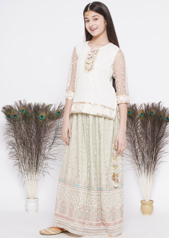 Floral Work Green Lehenga with Floral Embroidery Kurta and Dupatta | SHOBITAM