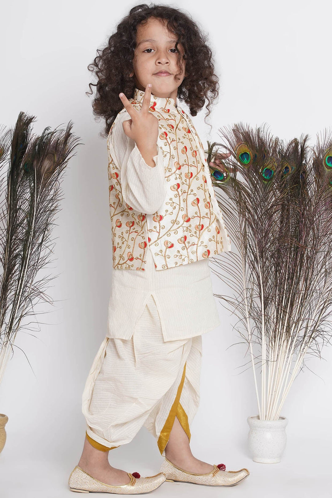Banarsi Red Tulip Embroidery Jacket with Cotton Kantha kurta and Kantha Dhoti | SHOBITAM