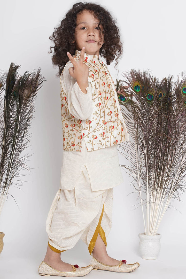 Banarsi Red Tulip Embroidery Jacket with Cotton Kantha kurta and Kantha Dhoti | SHOBITAM