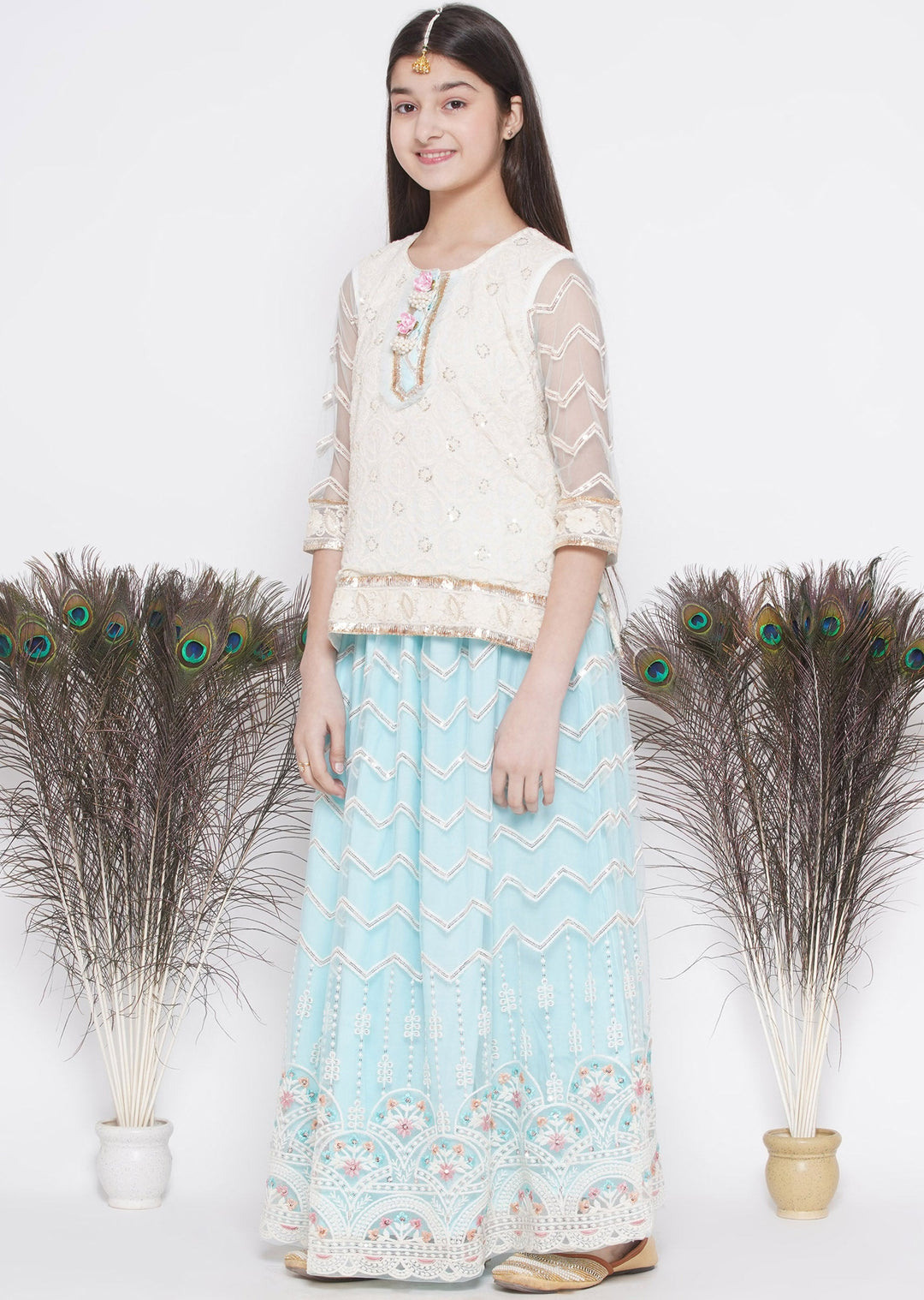 Floral Work Cloudy Blue Lehenga with Floral Embroidery Kurta and Dupatta | SHOBITAM
