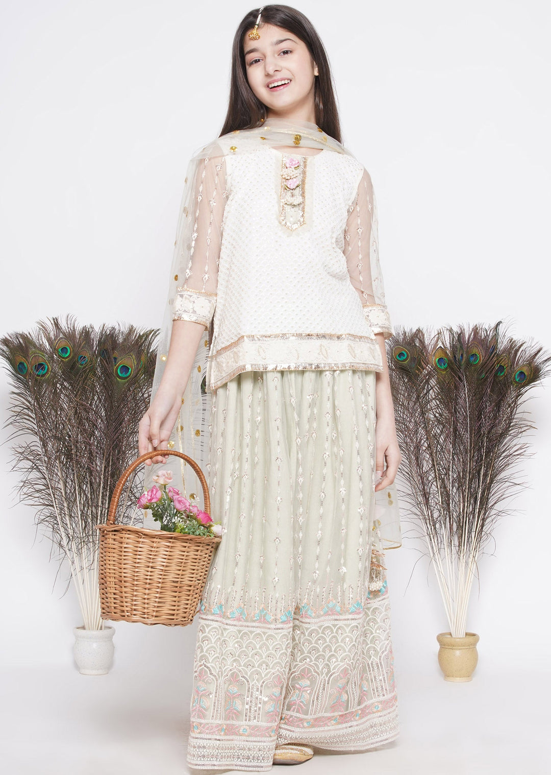 Floral Work Green Lehenga with Floral Embroidery Kurta and Dupatta | SHOBITAM