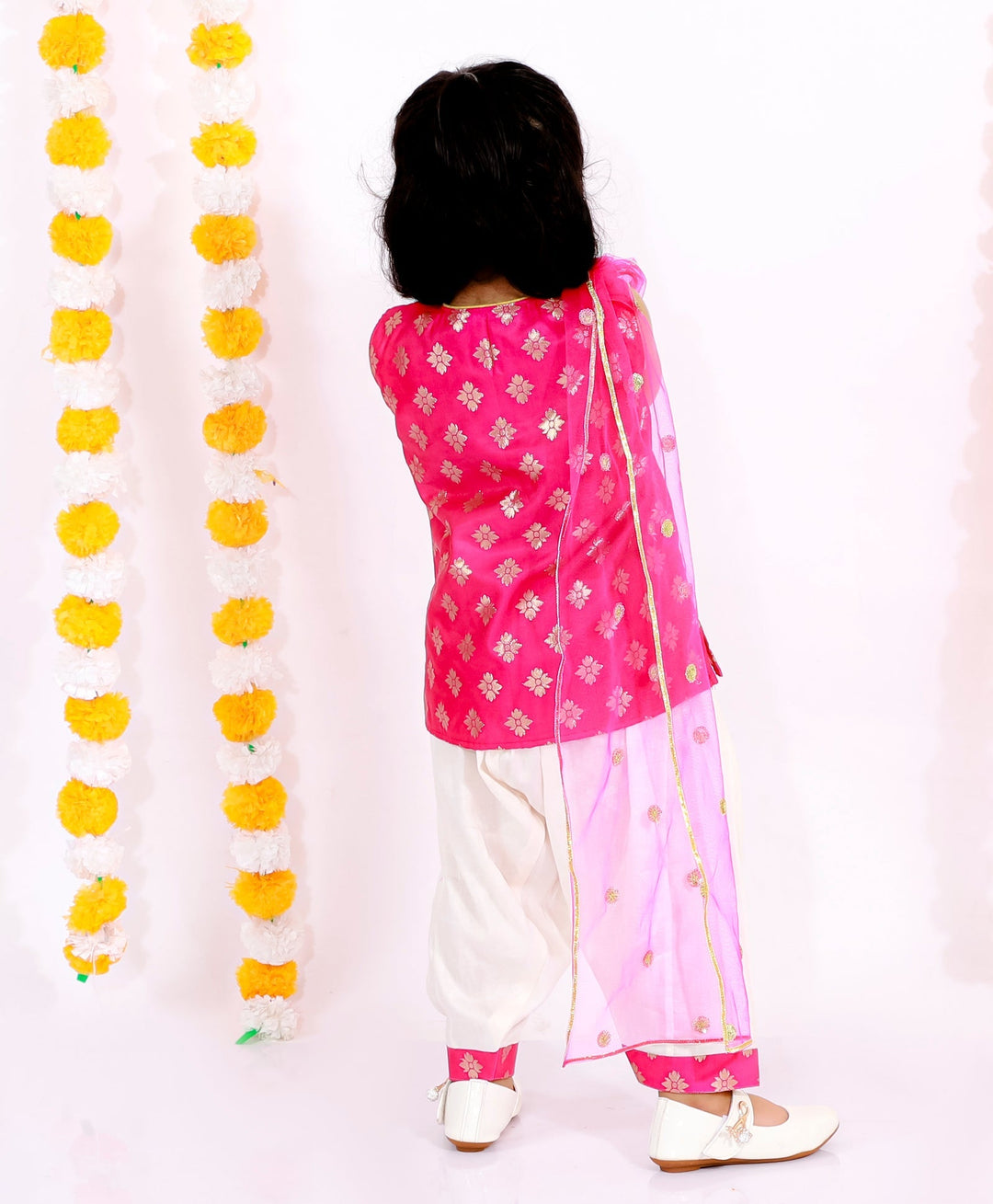 Girls Banarsi Kurta with Salwar and Dupatta - Rani & White | SHOBITAM