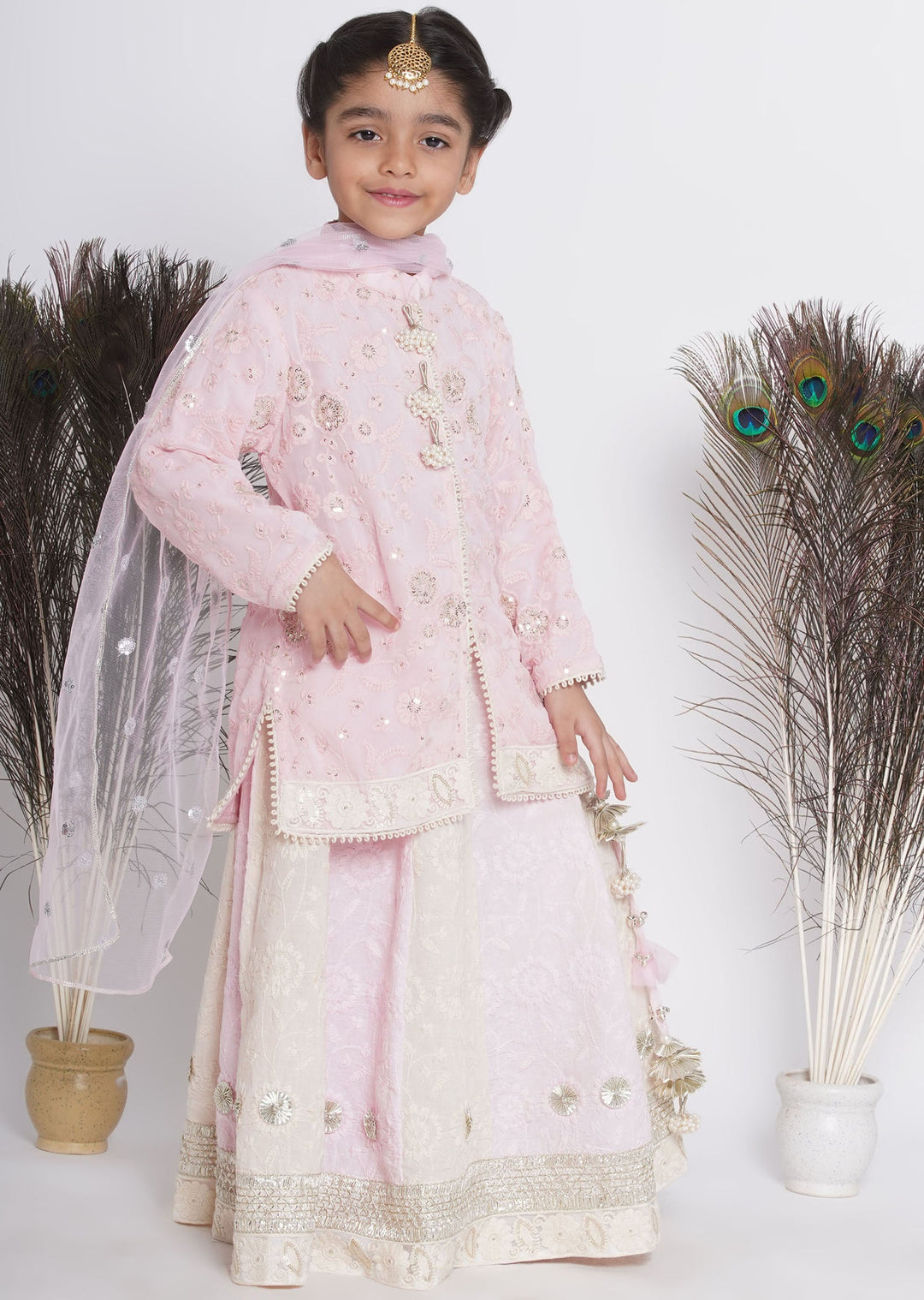 Girls Baby Pink & Cream Kali Work Lehenga with Handwork of Gota and Tussels | SHOBITAM