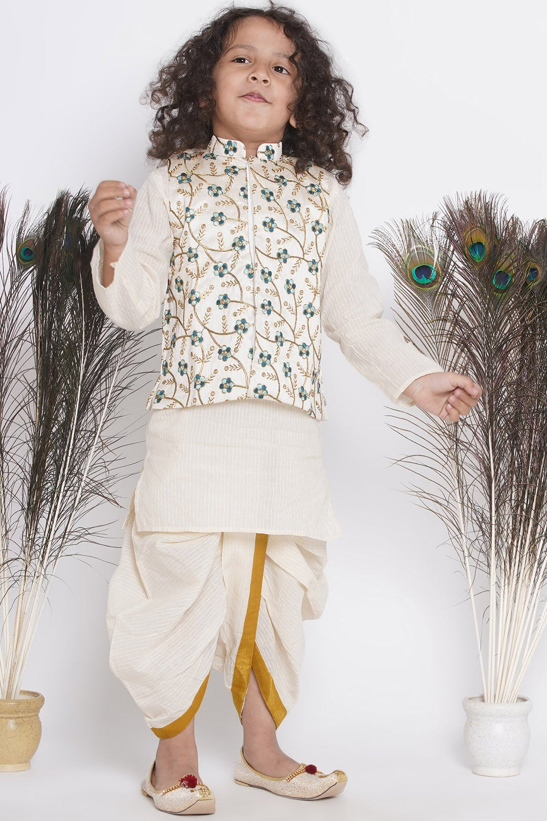 Boys Silk Blue Floral Embroidery Jacket with Cotton Kantha kurta and Kantha Dhoti | SHOBITAM