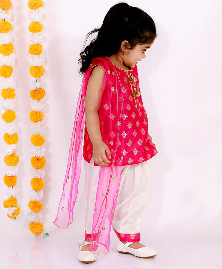 Girls Banarsi Kurta with Salwar and Dupatta - Rani & White | SHOBITAM