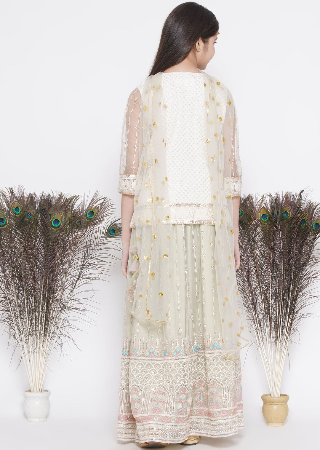 Floral Work Green Lehenga with Floral Embroidery Kurta and Dupatta | SHOBITAM