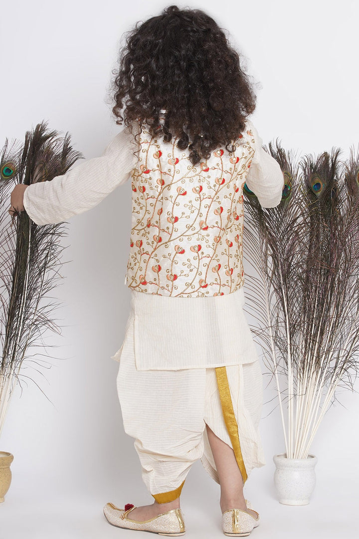 Banarsi Red Tulip Embroidery Jacket with Cotton Kantha kurta and Kantha Dhoti | SHOBITAM