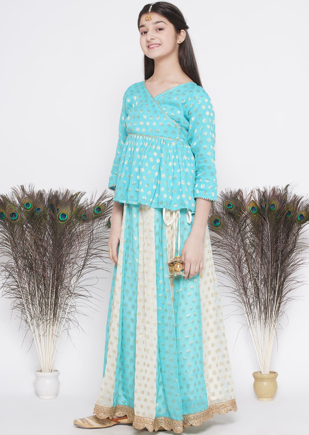 Girls Blue & Off White Kali Work Lehenga with Handmade Latkan and Dupatta | SHOBITAM