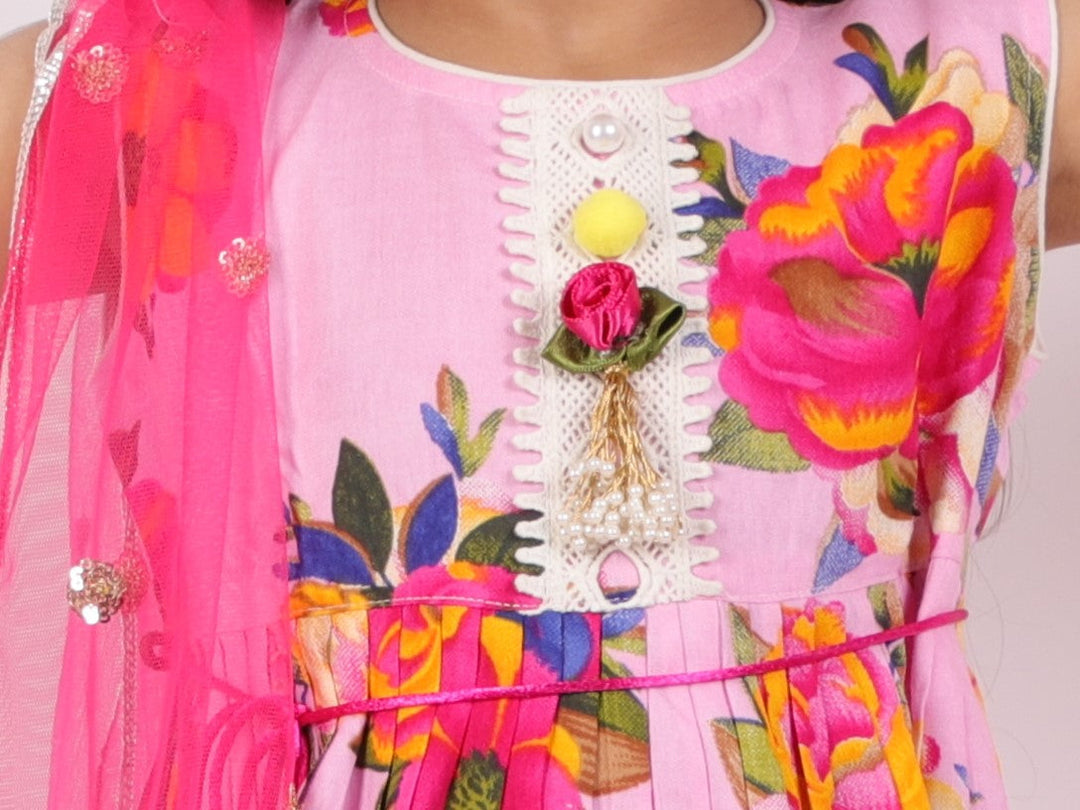 Girls Floral Frock kurta & Gotta sharara with lacework duppata in Pink | SHOBITAM
