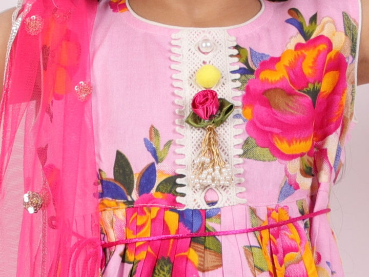 Girls Floral Frock kurta & Gotta sharara with lacework duppata in Pink | SHOBITAM