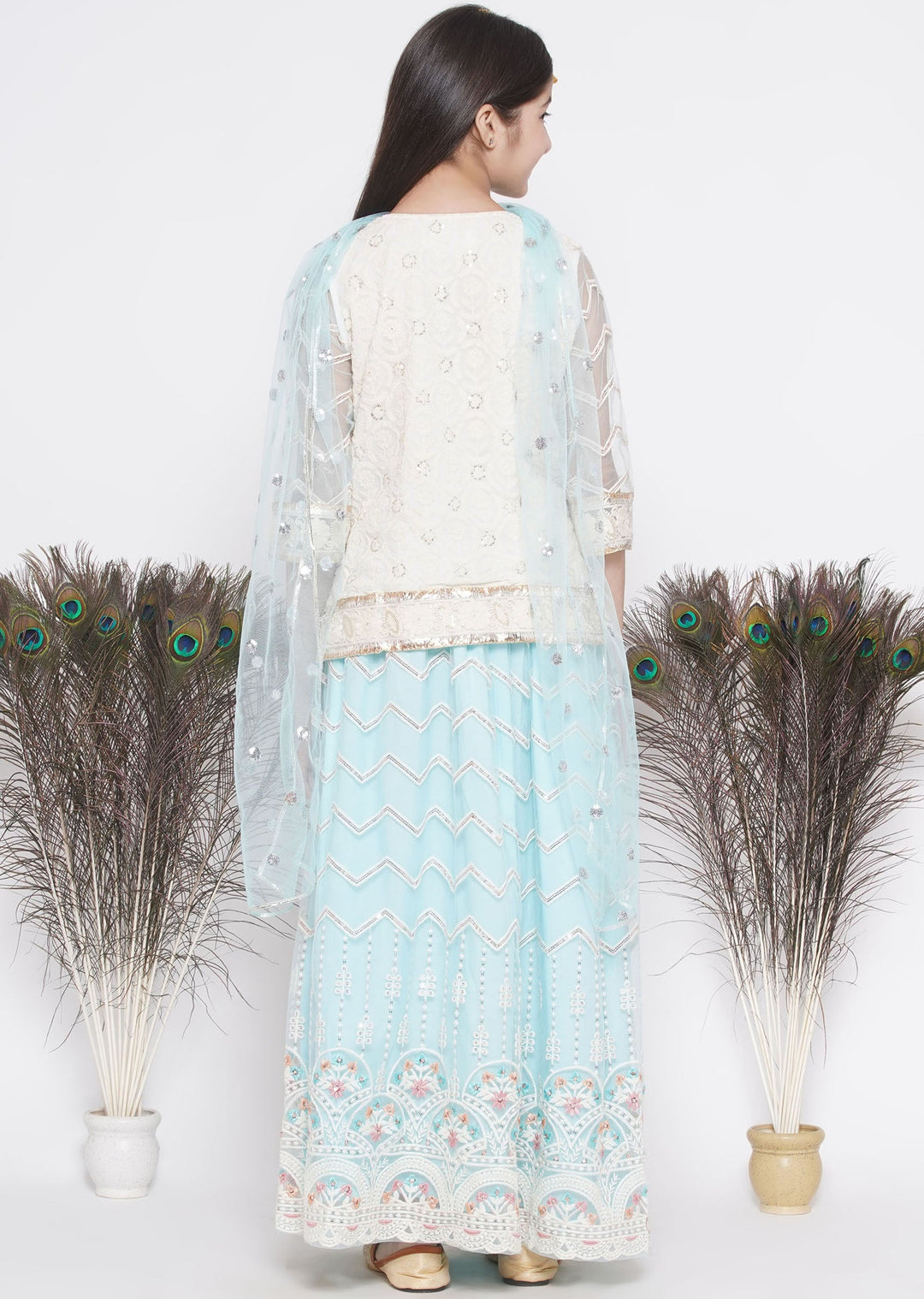 Floral Work Cloudy Blue Lehenga with Floral Embroidery Kurta and Dupatta | SHOBITAM