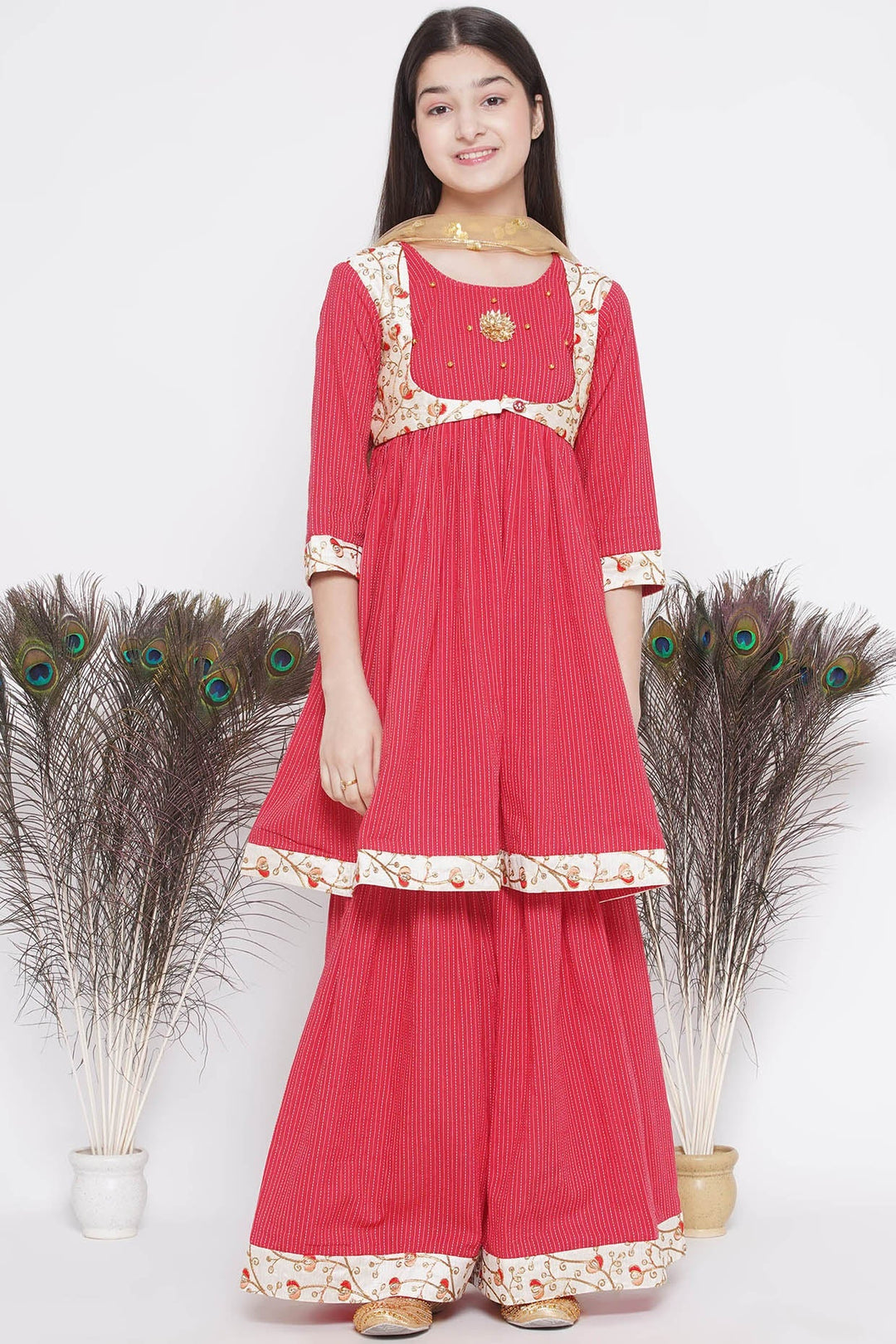 Floral Embroidery Jacket with Cotton Kantha Frock Sharara and Dupatta in Red | SHOBITAM
