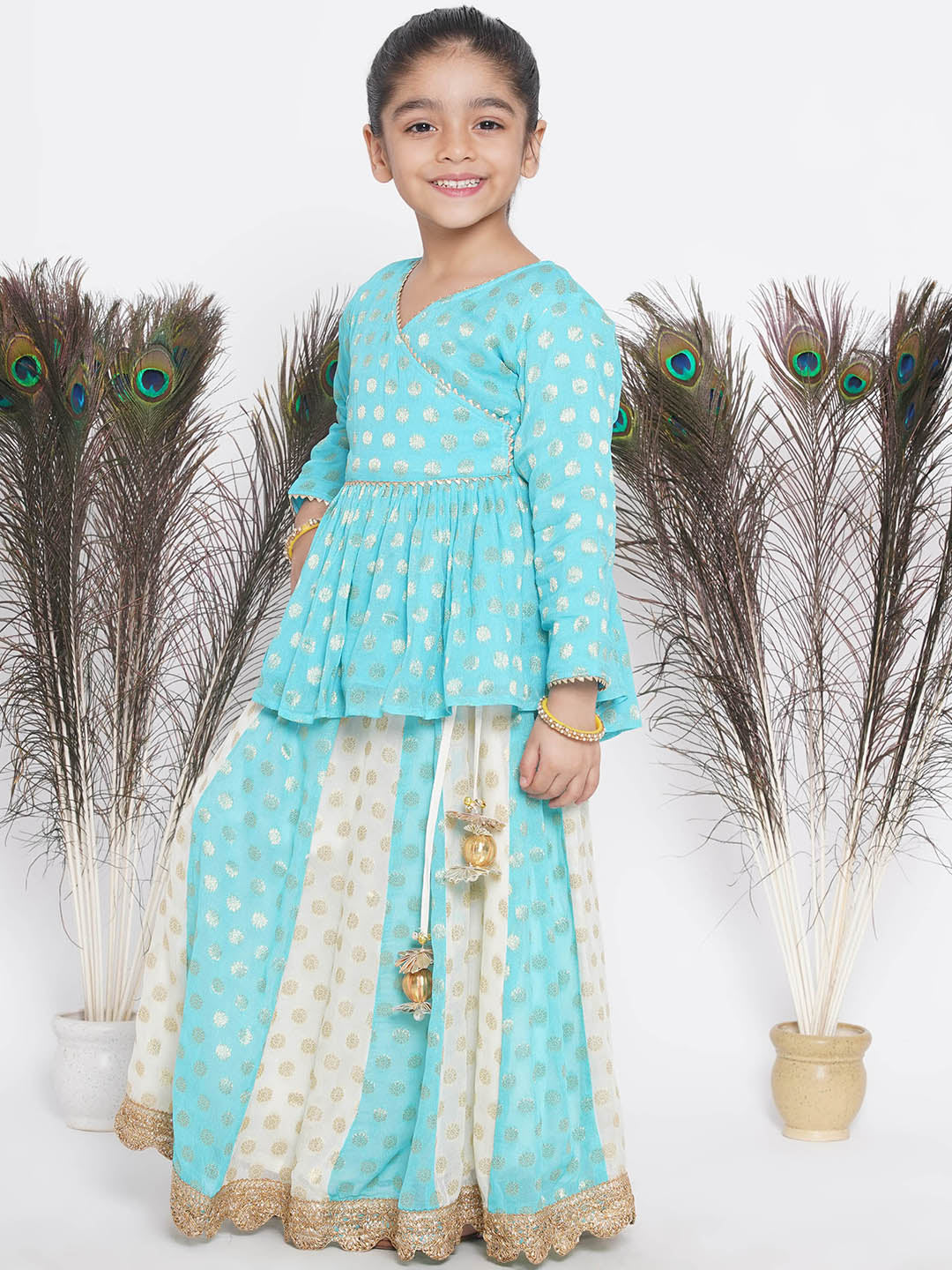Girls Blue & Off White Kali Work Lehenga with Handmade Latkan and Dupatta | SHOBITAM