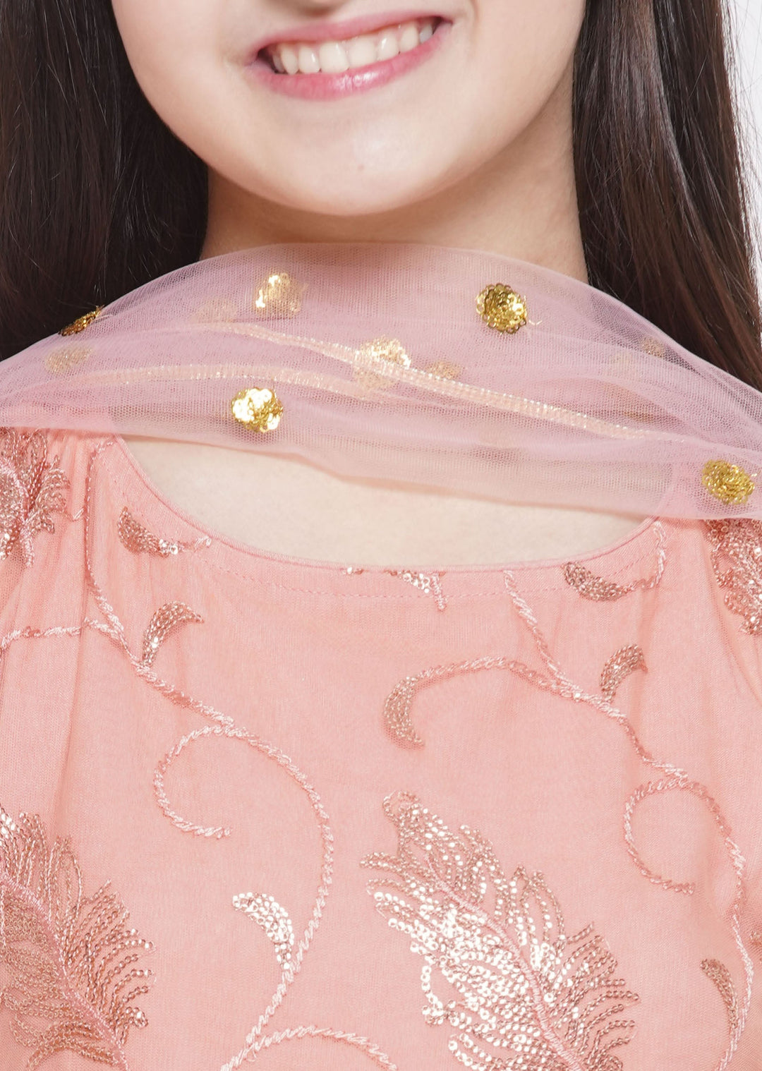 Peach Sequin work Leaf Kurta Frock with Sharara and Dupatta | SHOBITAM