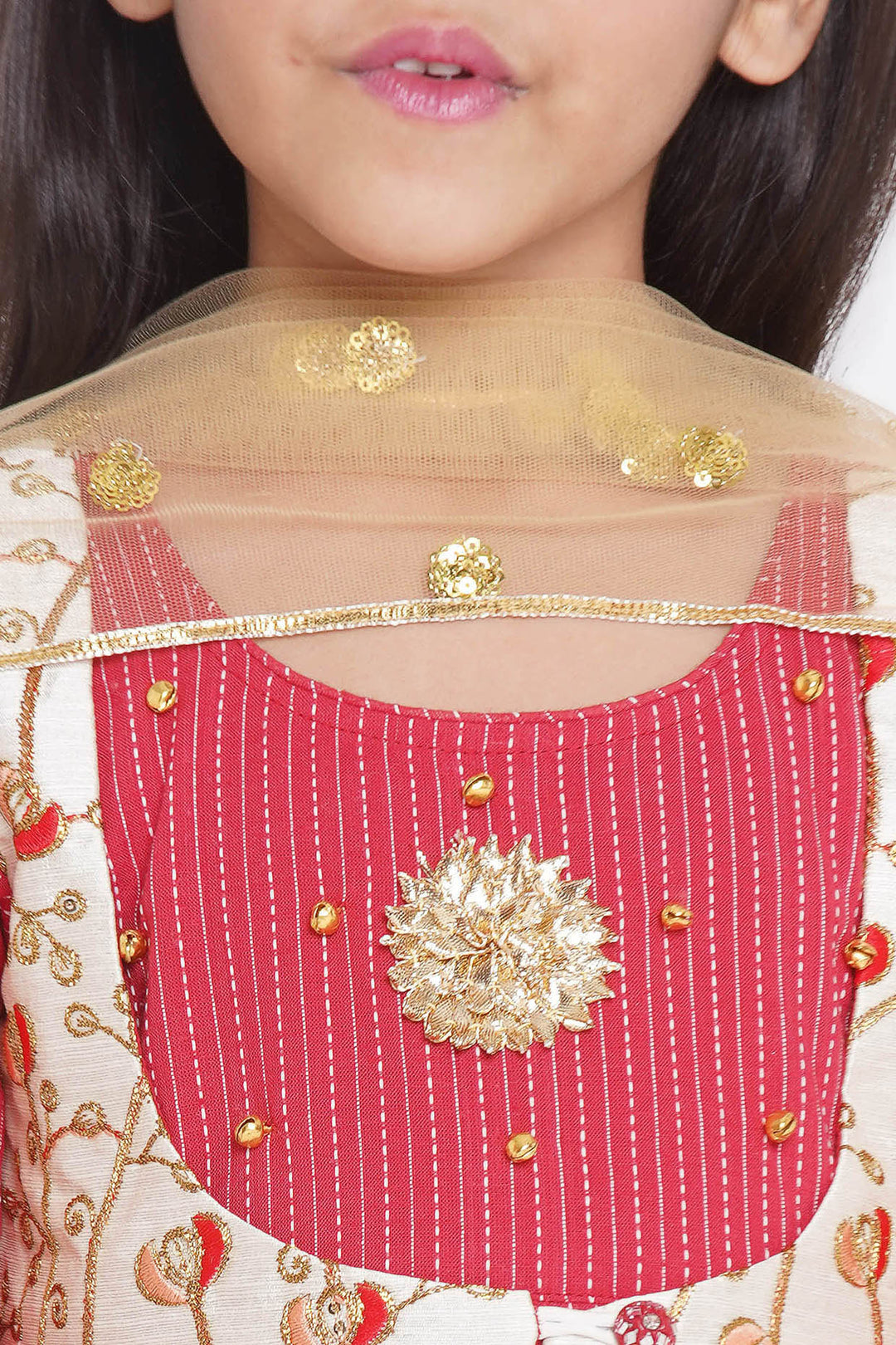 Floral Embroidery Jacket with Cotton Kantha Frock Sharara and Dupatta in Red | SHOBITAM