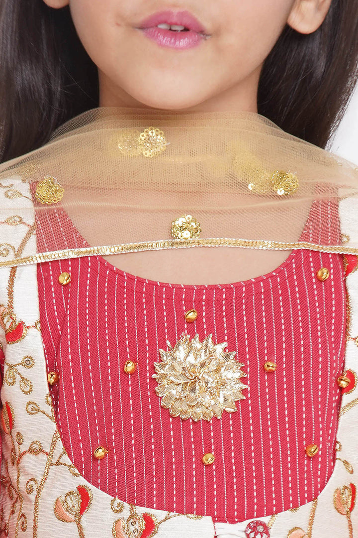 Floral Embroidery Jacket with Cotton Kantha Frock Sharara and Dupatta in Red | SHOBITAM